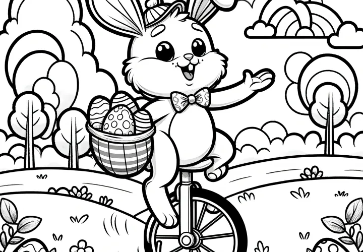 Easter bunny on unicycle in landscape: Coloring page for download (Free)