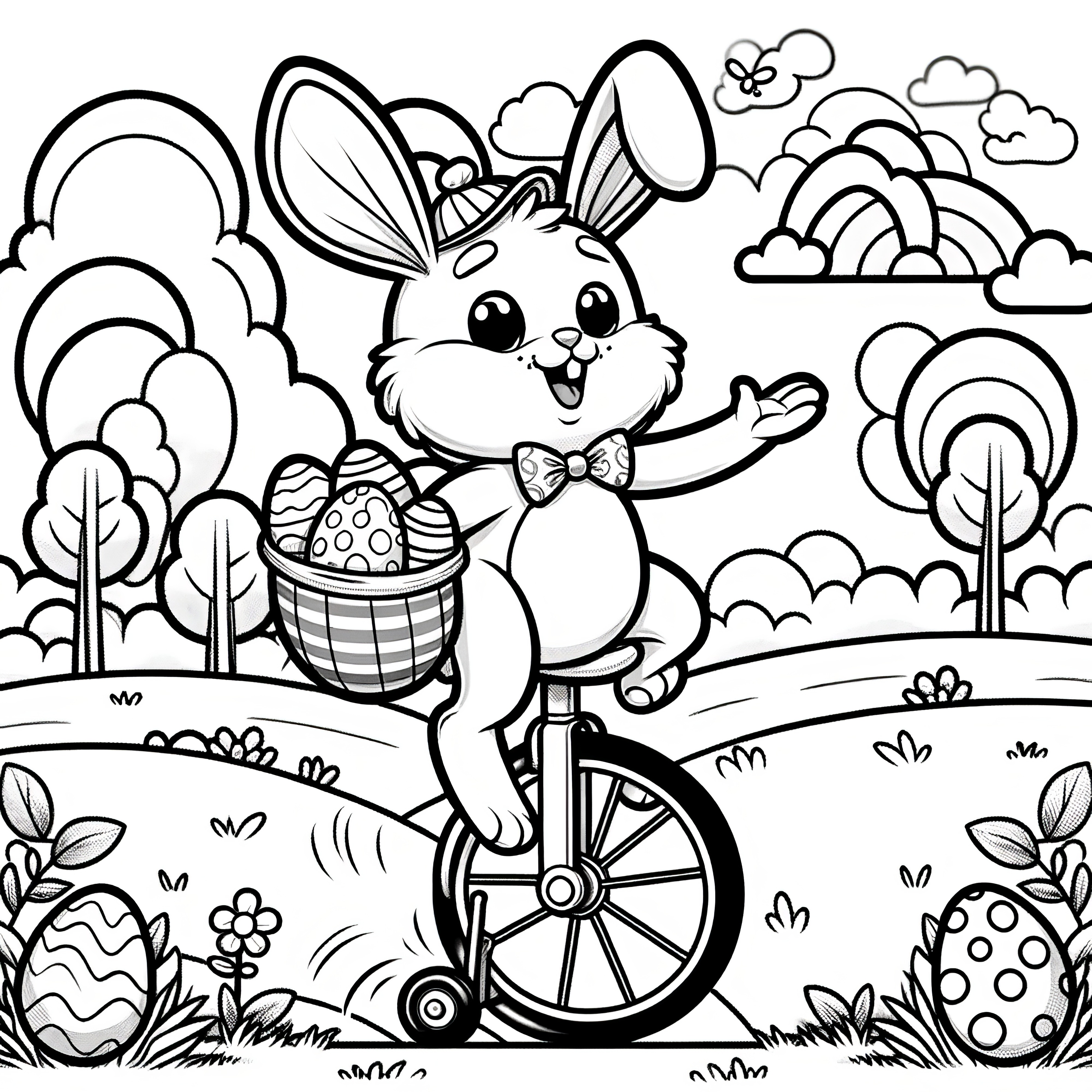 Lapin de Pâques sur un monocycle dans un paysage : Coloriage à télécharger (Gratuit)