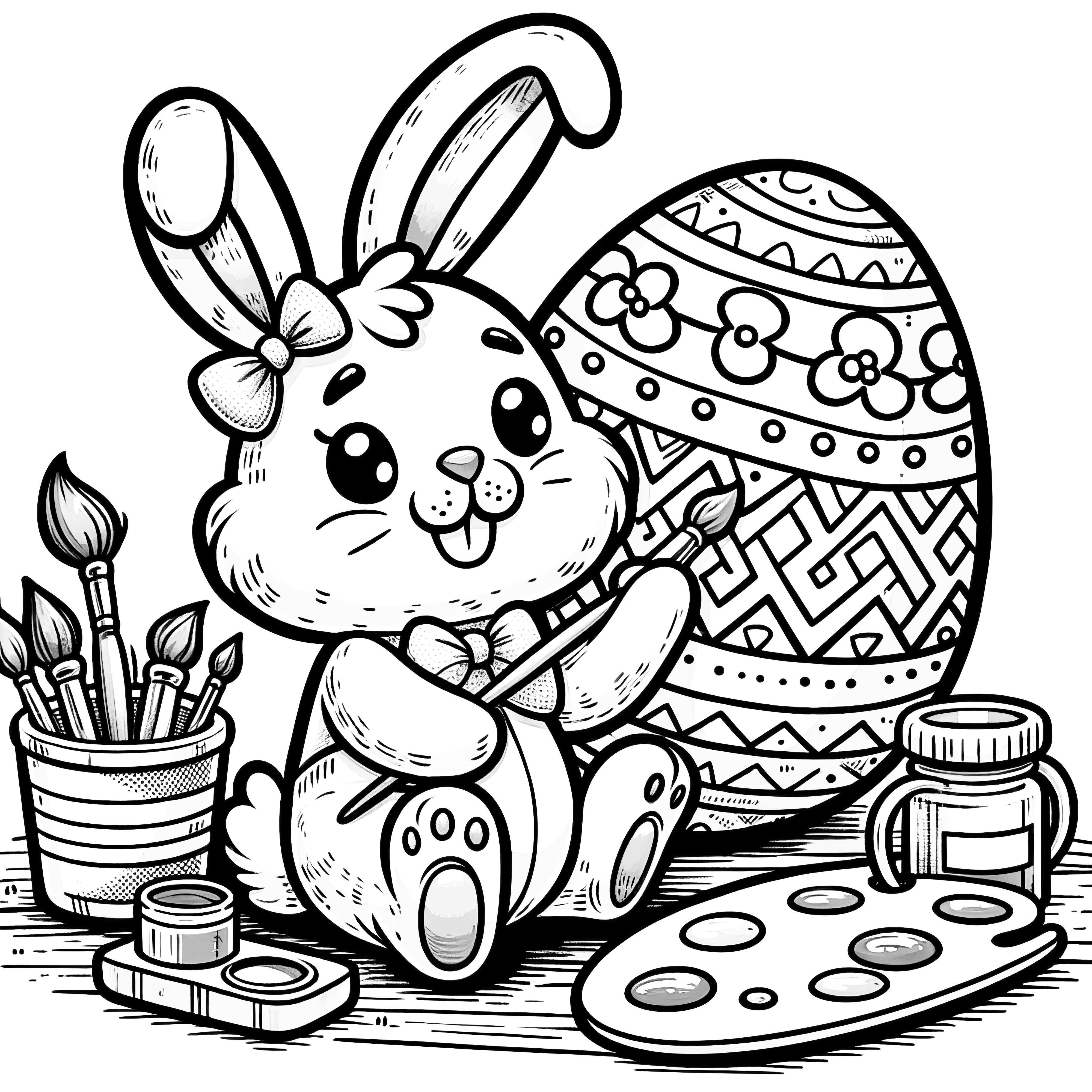 Doux lapin de Pâques en train de colorier un bel œuf de Pâques : Page de coloriage à télécharger (gratuit)