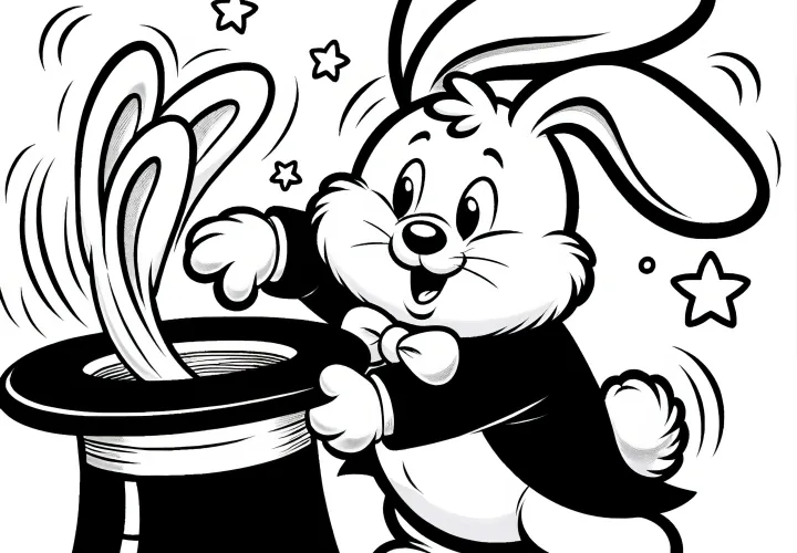 Cute Easter bunny with magic hat: Coloring template for download (Free)