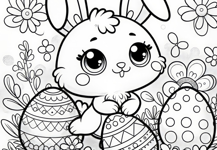 Lapin de Pâques avec des yeux doux dans un pré de fleurs : Coloriage avec des œufs de Pâques (Gratuit)