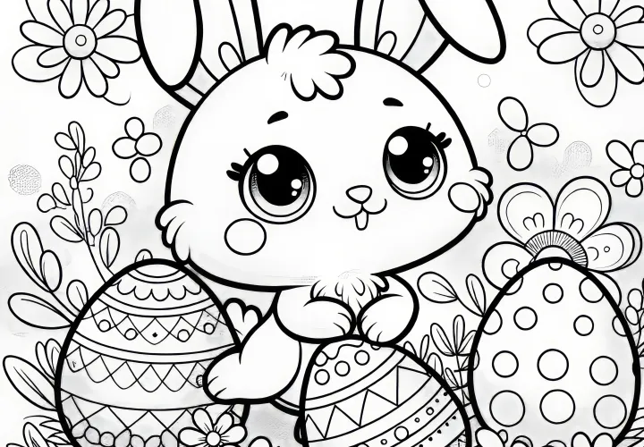 Easter bunny with sweet eyes in a flower meadow: coloring picture with Easter eggs (Free)