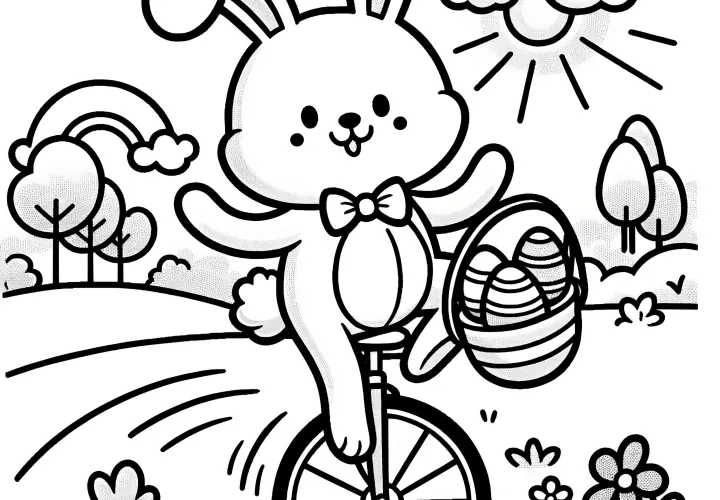 Happy Easter Bunny on unicycle in landscape: Simple coloring page for children (Free)