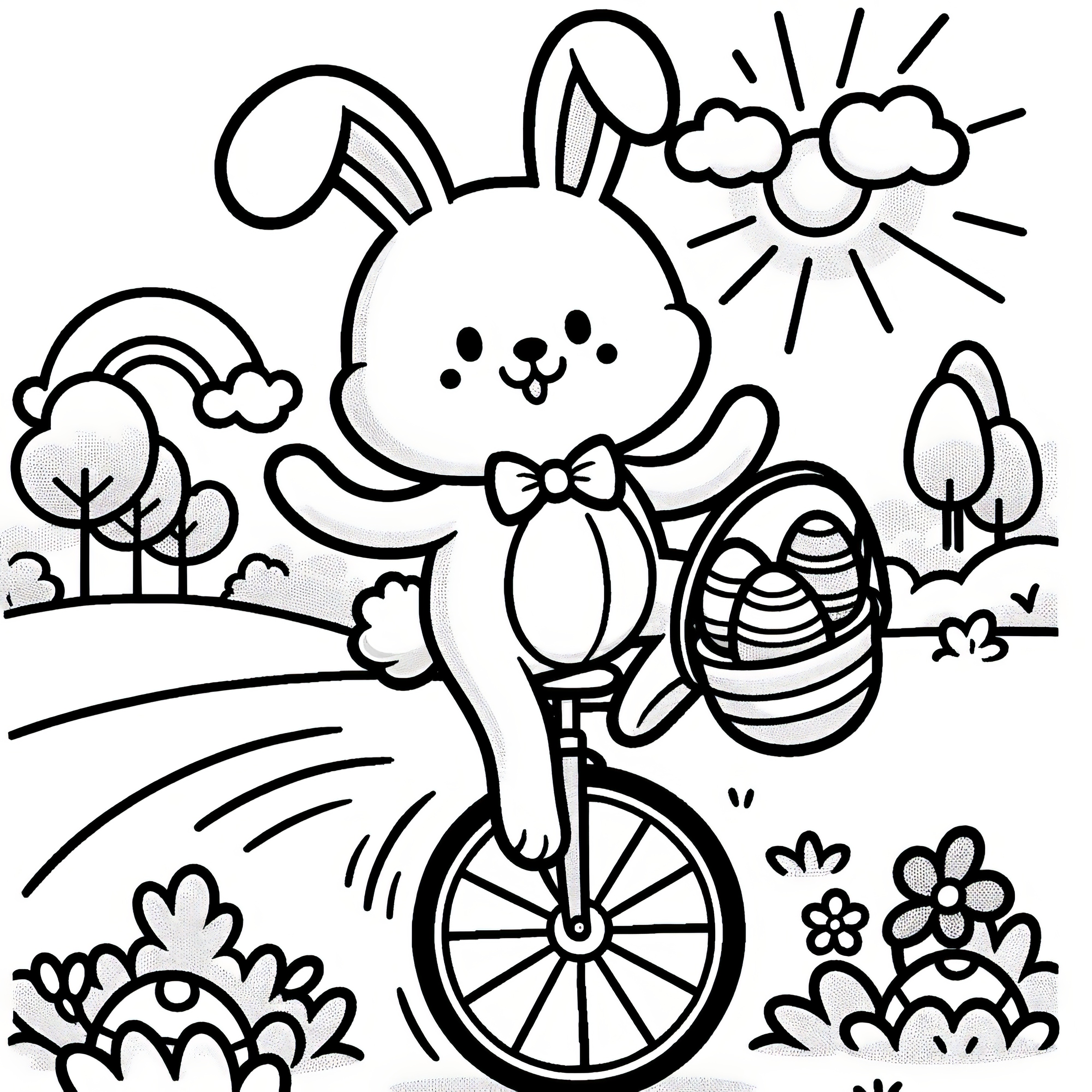 Joyeux lapin de Pâques sur un monocycle dans un paysage : un modèle de coloriage simple pour les enfants (Gratuit)