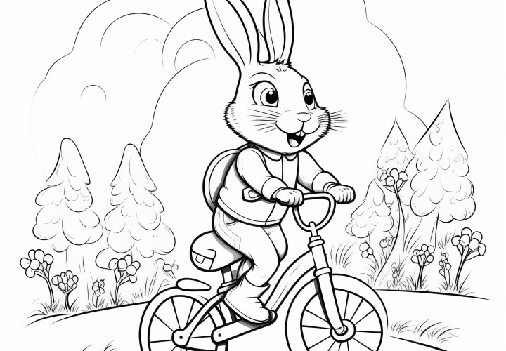 Lapin de Pâques à vélo dans un paysage d'arbres : coloriage à télécharger (gratuit)