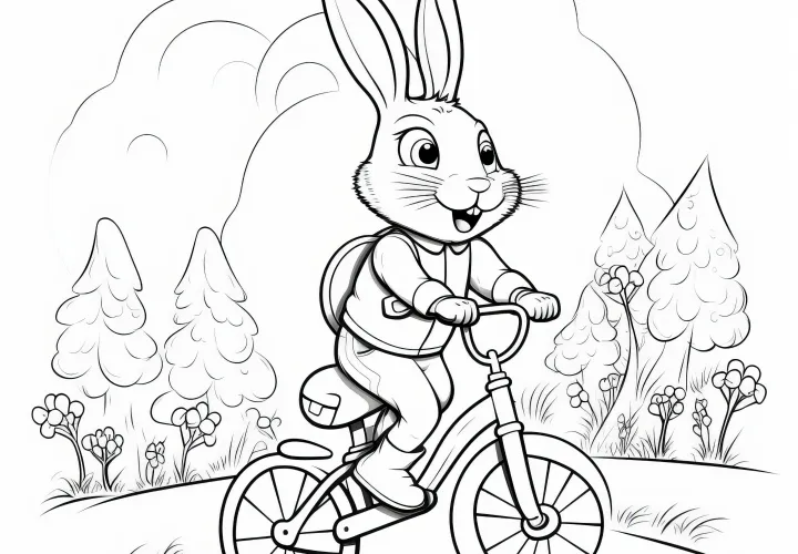 Easter bunny on a bike in a tree landscape: Coloring page for download (Free)