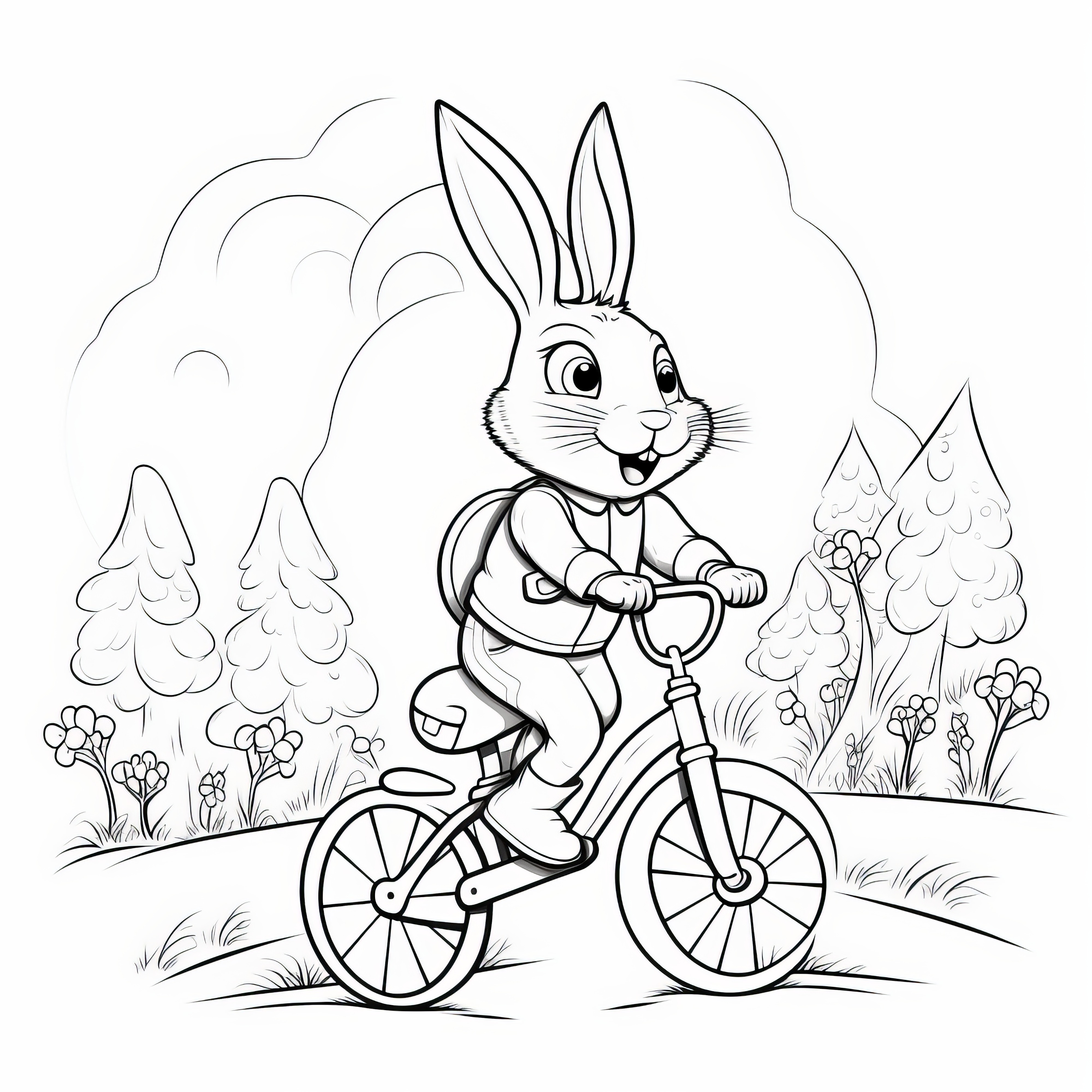 Lapin de Pâques à vélo dans un paysage d'arbres : coloriage à télécharger (gratuit)