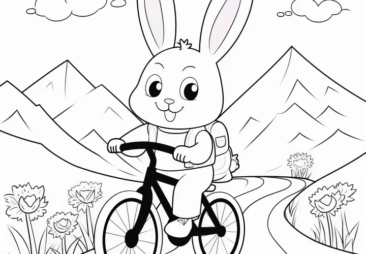 Easter bunny on a bike with backpack: Coloring picture with mountain landscape (Free)