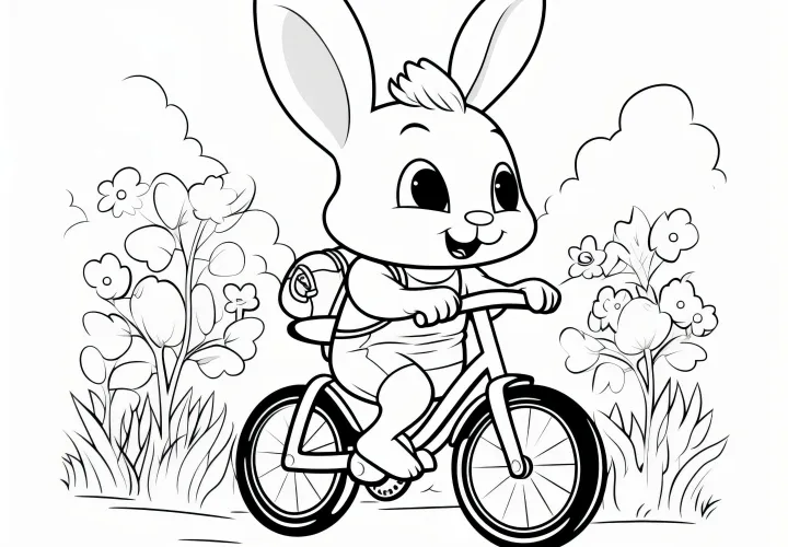 Smiling Easter bunny on a bicycle among flowers: Coloring picture free to download