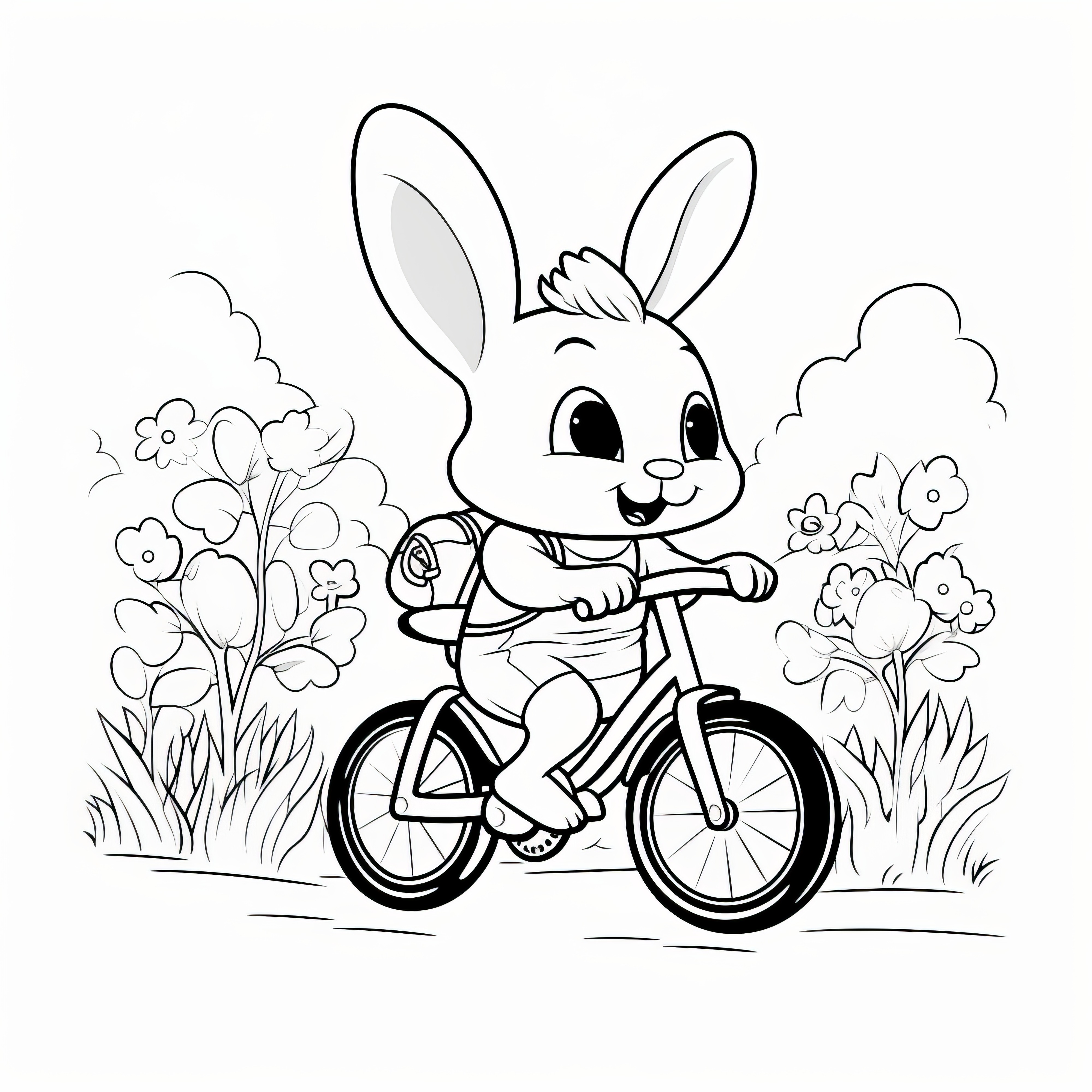 Lapin de Pâques rieur à vélo entre les fleurs : Coloriage gratuit à télécharger