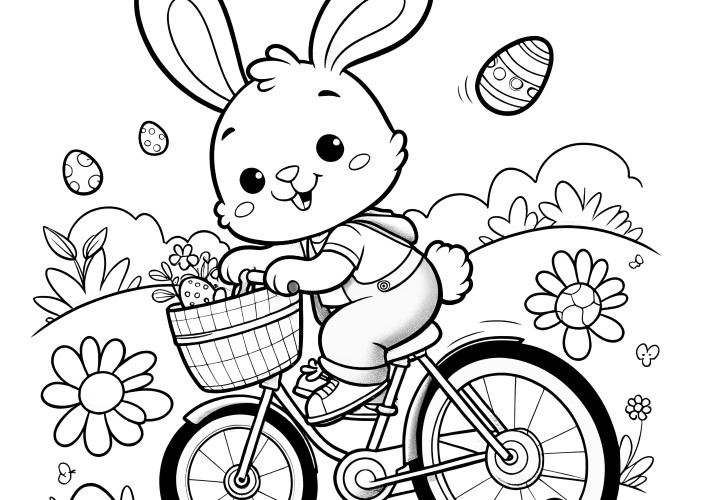 Lapin de Pâques à vélo dans un champ de fleurs : coloriage à télécharger (gratuit)