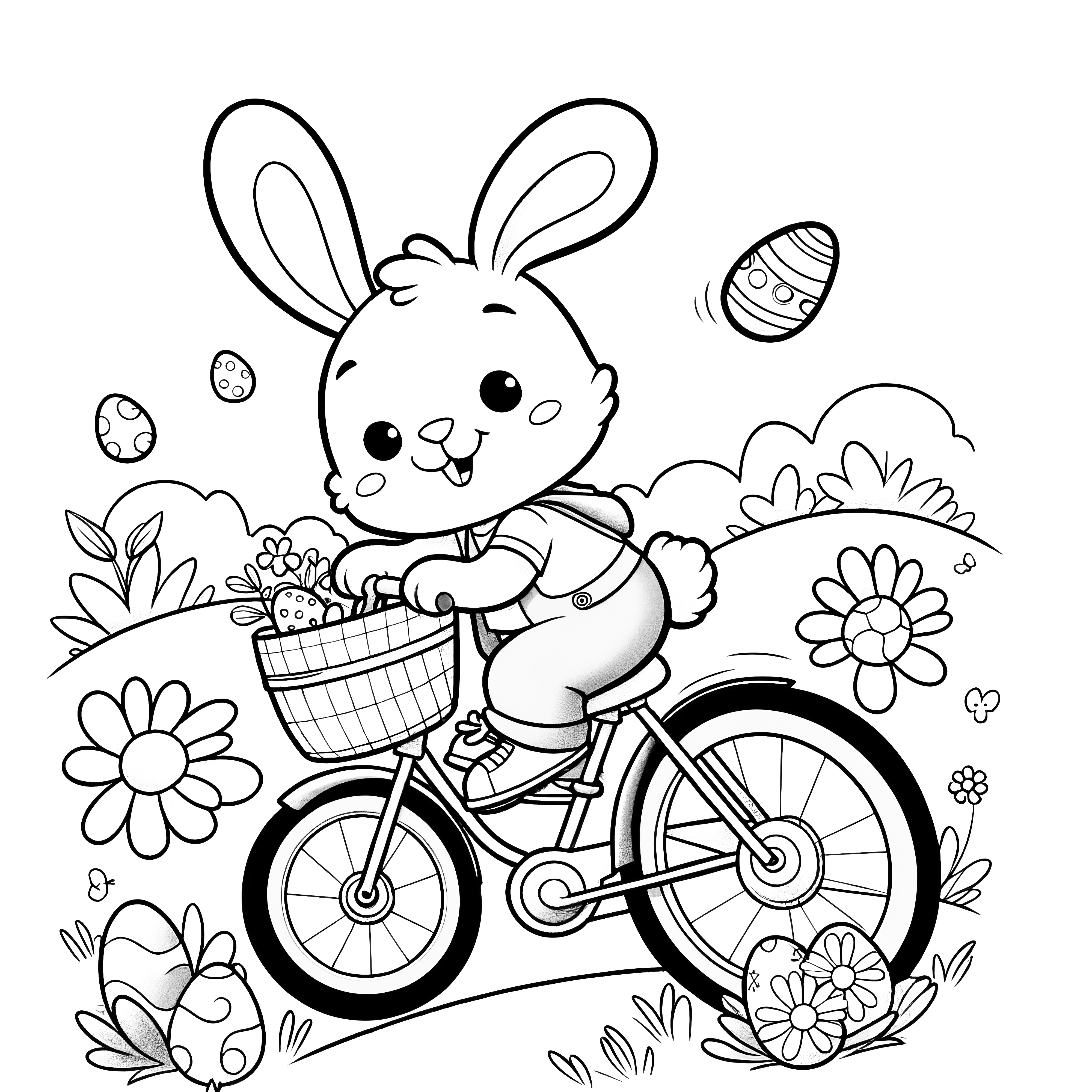 Lapin de Pâques à vélo dans un champ de fleurs : Coloriage à télécharger (Gratuit)