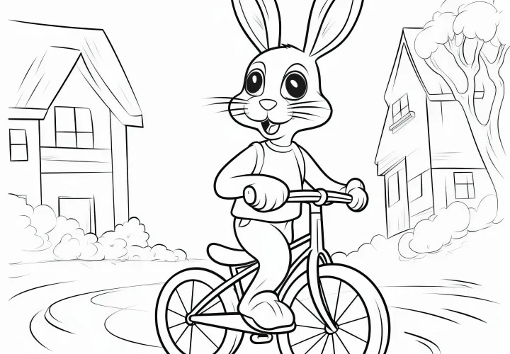 Lapin de Pâques en vélo dans le village : coloriage à télécharger (Gratuit)