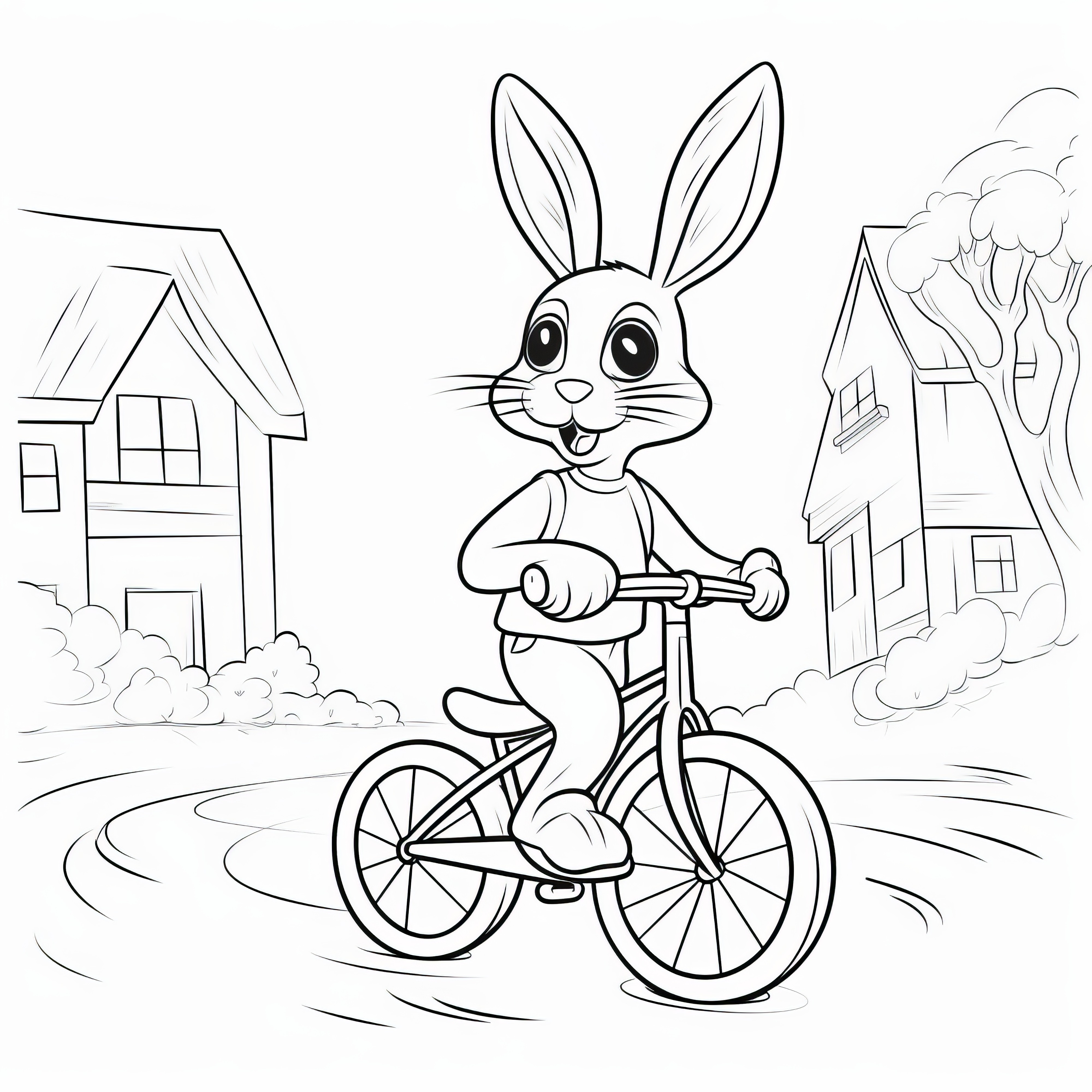 Lapin de Pâques en vélo se promenant dans le village : coloriage à télécharger (Gratuit)