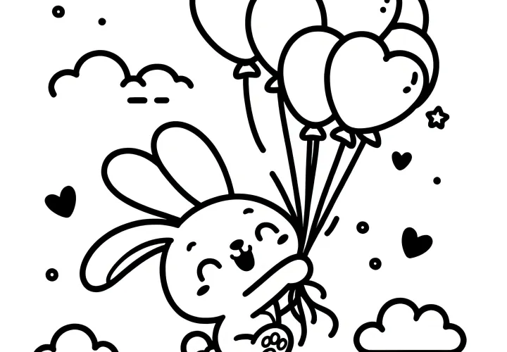 Easter bunny with balloons: Simple coloring picture for children (Free)