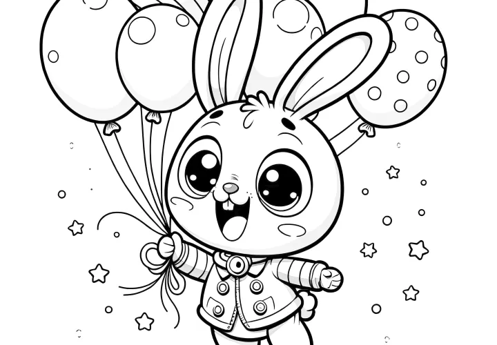 Laughing Easter bunny takes off with balloons: Picture for printing (Free)