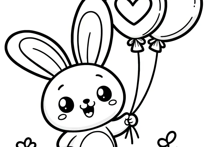 Lapin de Pâques avec deux ballons en forme de cœur dans un pré : Coloriage gratuit