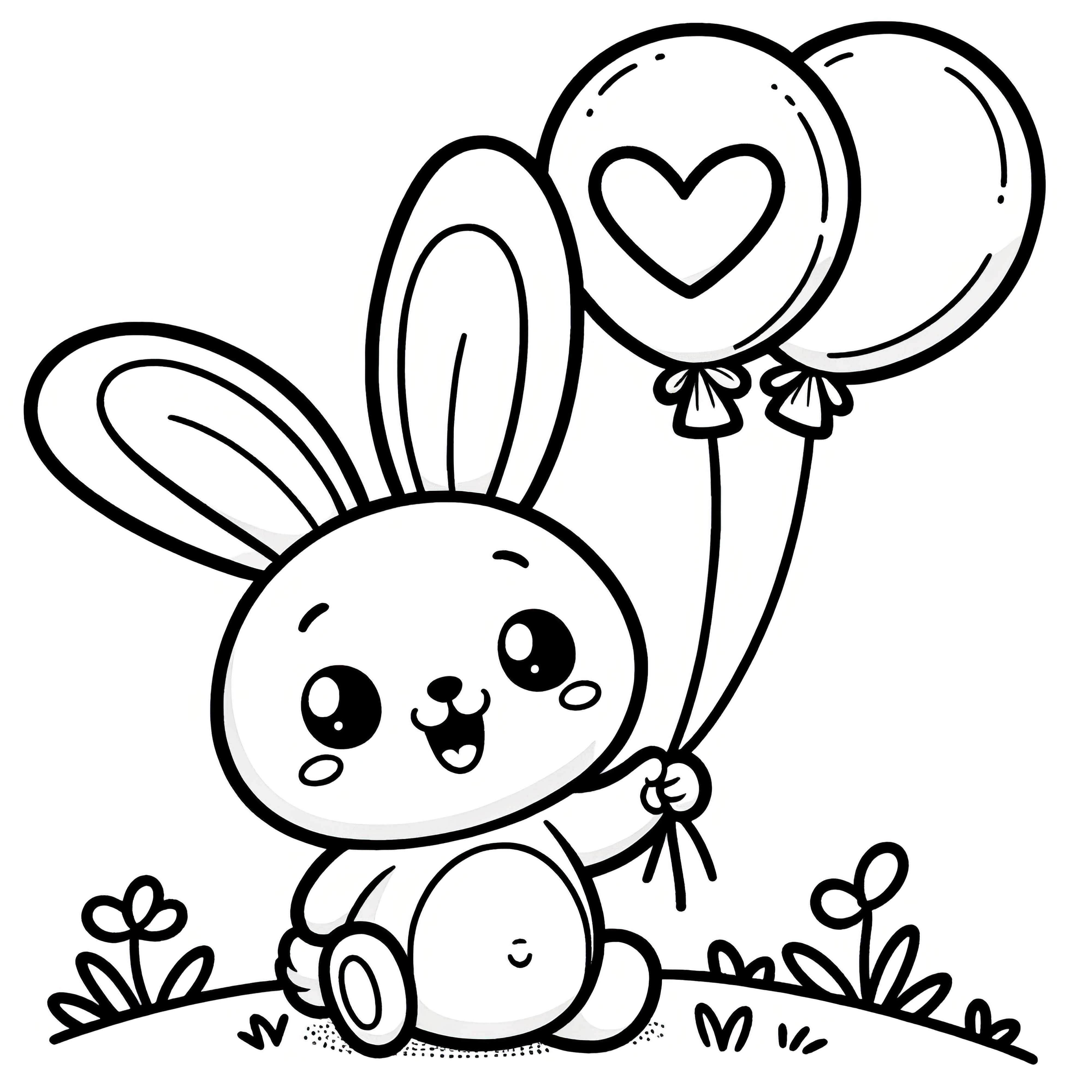 Lapin de Pâques avec deux ballons en forme de cœur dans un pré : Coloriage gratuit