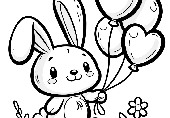 Drôle lapin de Pâques avec 4 ballons en forme de cœur : Image à colorier (Gratuit)