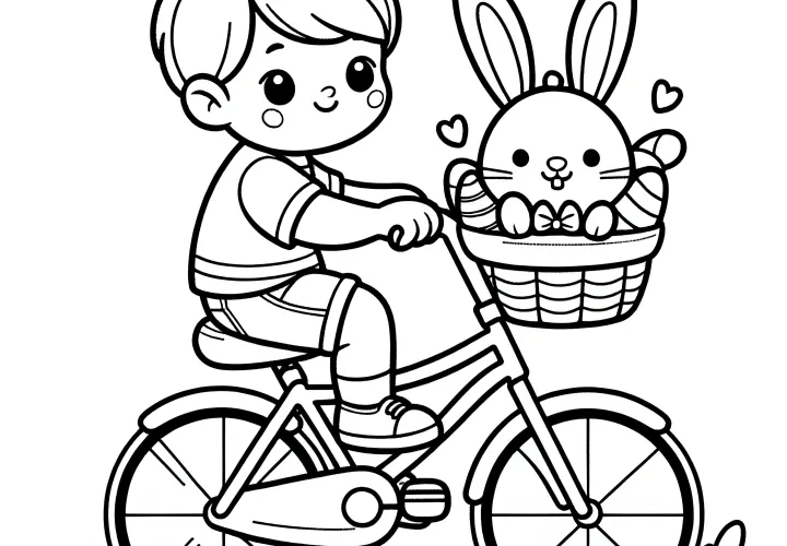 Enfant avec lapin de Pâques dans le panier à vélo : Coloriage mignon à télécharger (Gratuit)