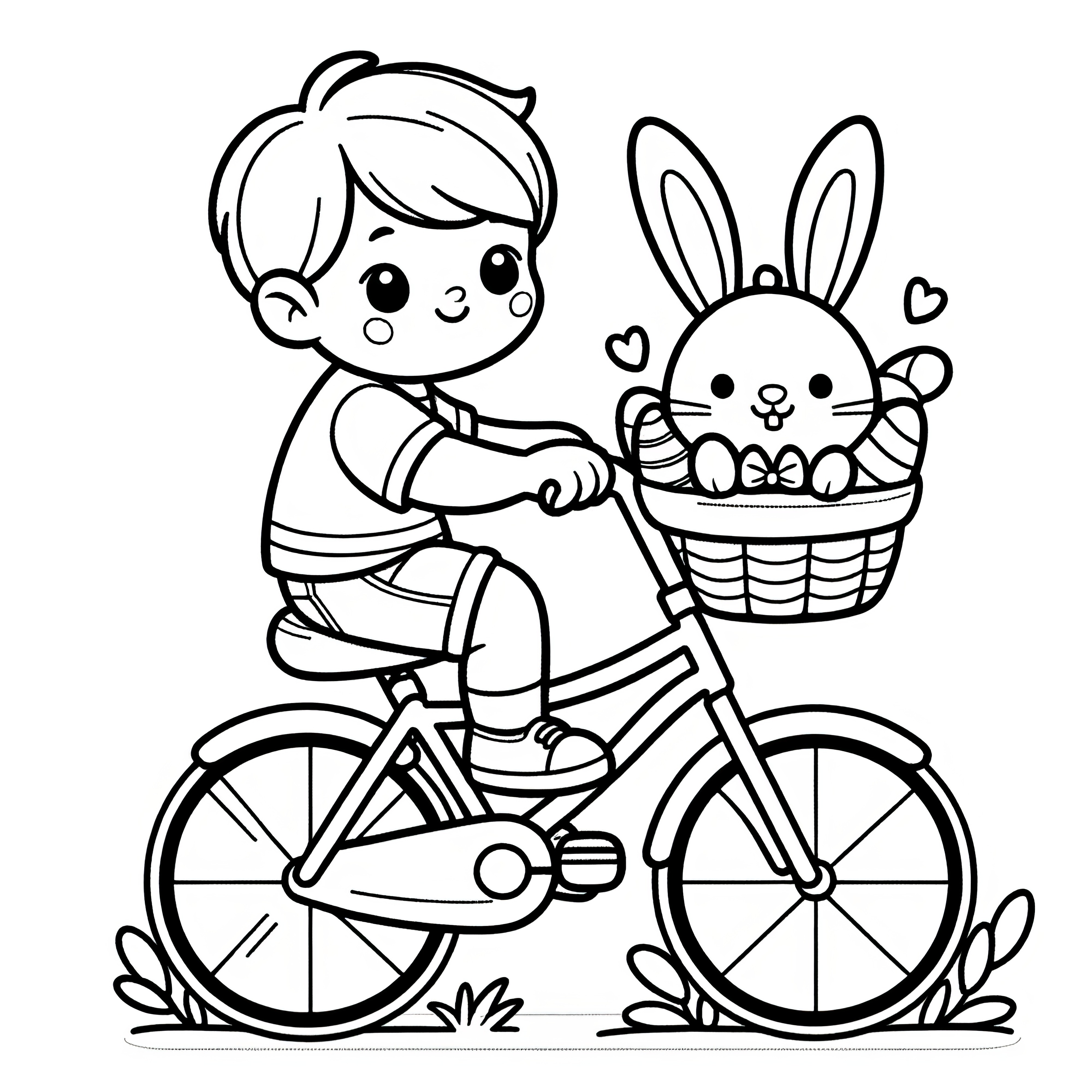 Enfant avec un lapin de Pâques dans le panier à vélo : Mignon coloriage à télécharger (gratuit)