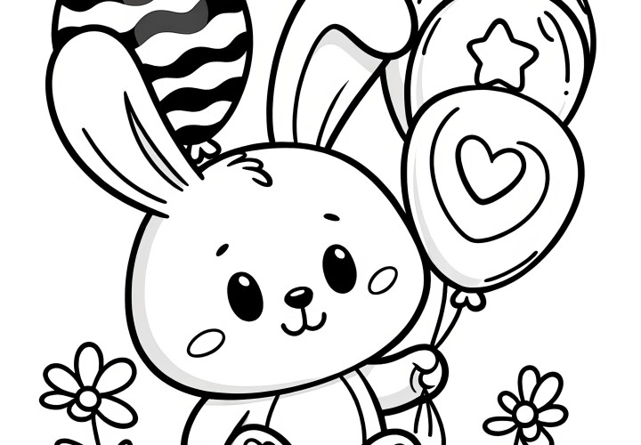 Joyeux lapin de Pâques avec des ballons sur une prairie fleurie : Coloriage simple (Gratuit)