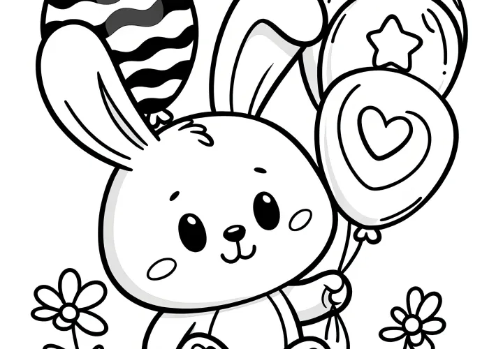 Happy Easter bunny with balloons on a flower meadow: Simple coloring picture (Free)