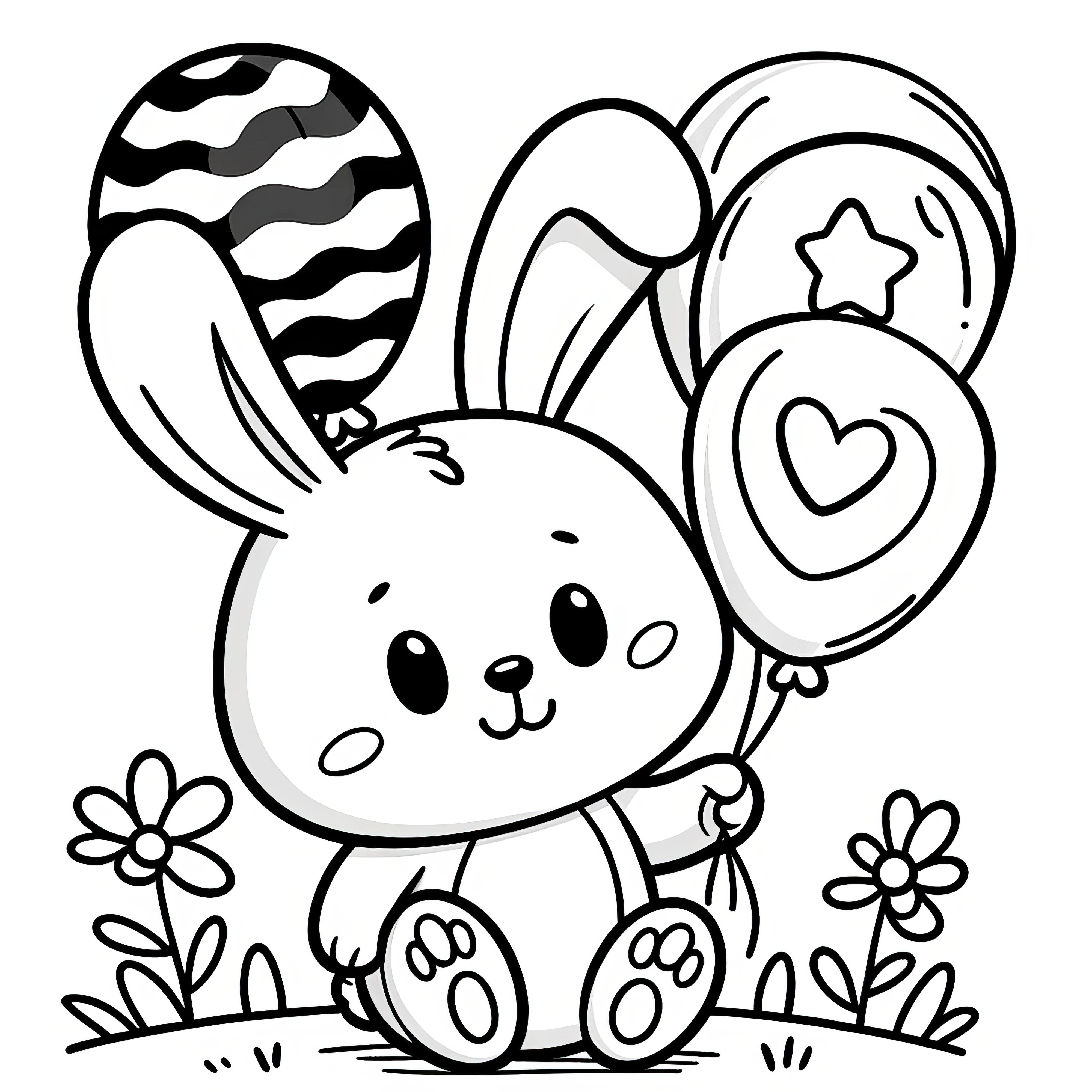 Joyeux lapin de Pâques avec des ballons sur un pré fleuri : Coloriage simple (Gratuit)