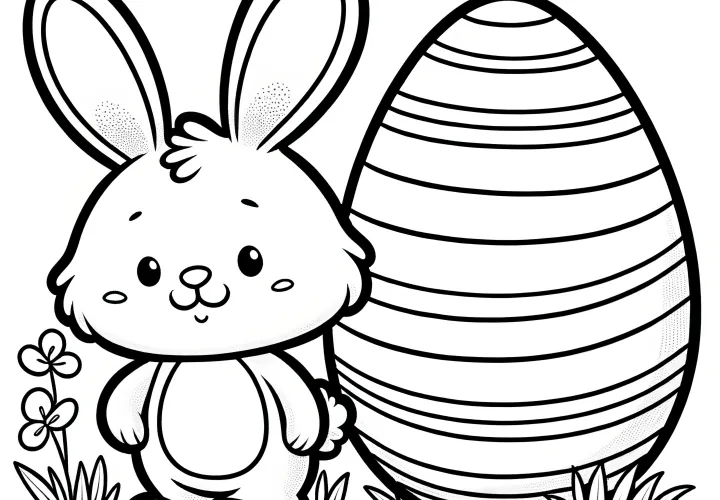 Petit lapin de Pâques avec un gros œuf de Pâques : Modèle de coloriage simple (Gratuit)