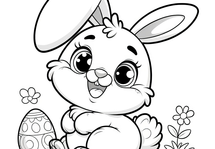 Lapin de Pâques rieur avec une oreille pliée et un œuf de Pâques : Dessin à colorier simple (Gratuit)