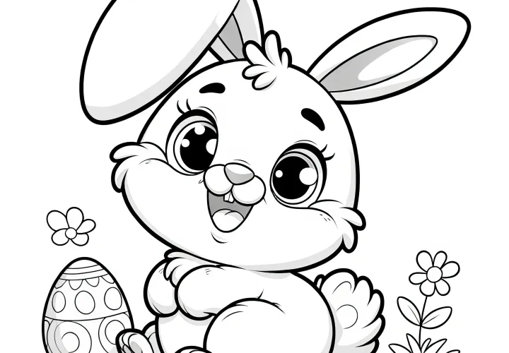 Laughing Easter bunny with floppy ear and Easter egg: Simple coloring page (Free)