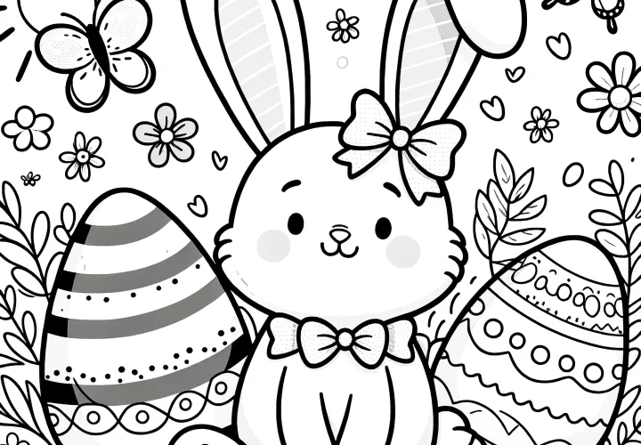 Lapin de Pâques avec des papillons et des œufs de Pâques comme modèle de coloriage (Gratuit)