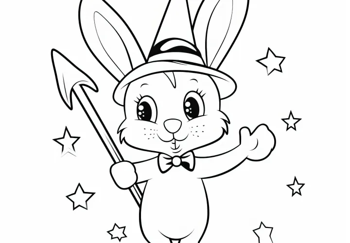 Le lapin de Pâques agite sa baguette magique : Coloriage gratuit pour les enfants