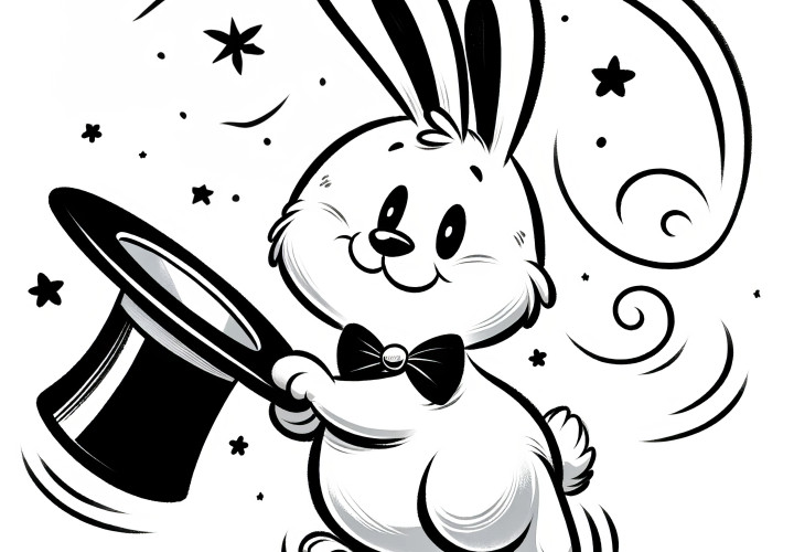 Adorable lapin de Pâques avec un chapeau magique : Coloriage (Gratuit)