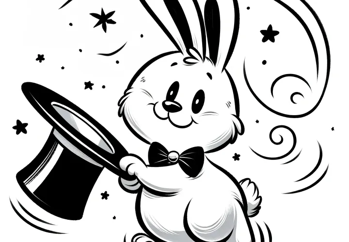 Cute Easter bunny with magic hat: coloring page (free)