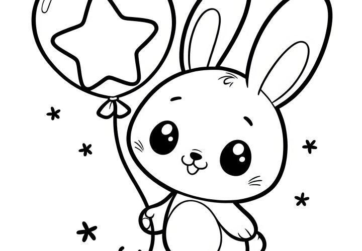 Lapin de Pâques avec un ballon en forme d'étoile : Coloriage simple pour enfants (gratuit)