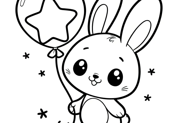 Easter Bunny with star-shaped balloon: Simple coloring page for children (Free)