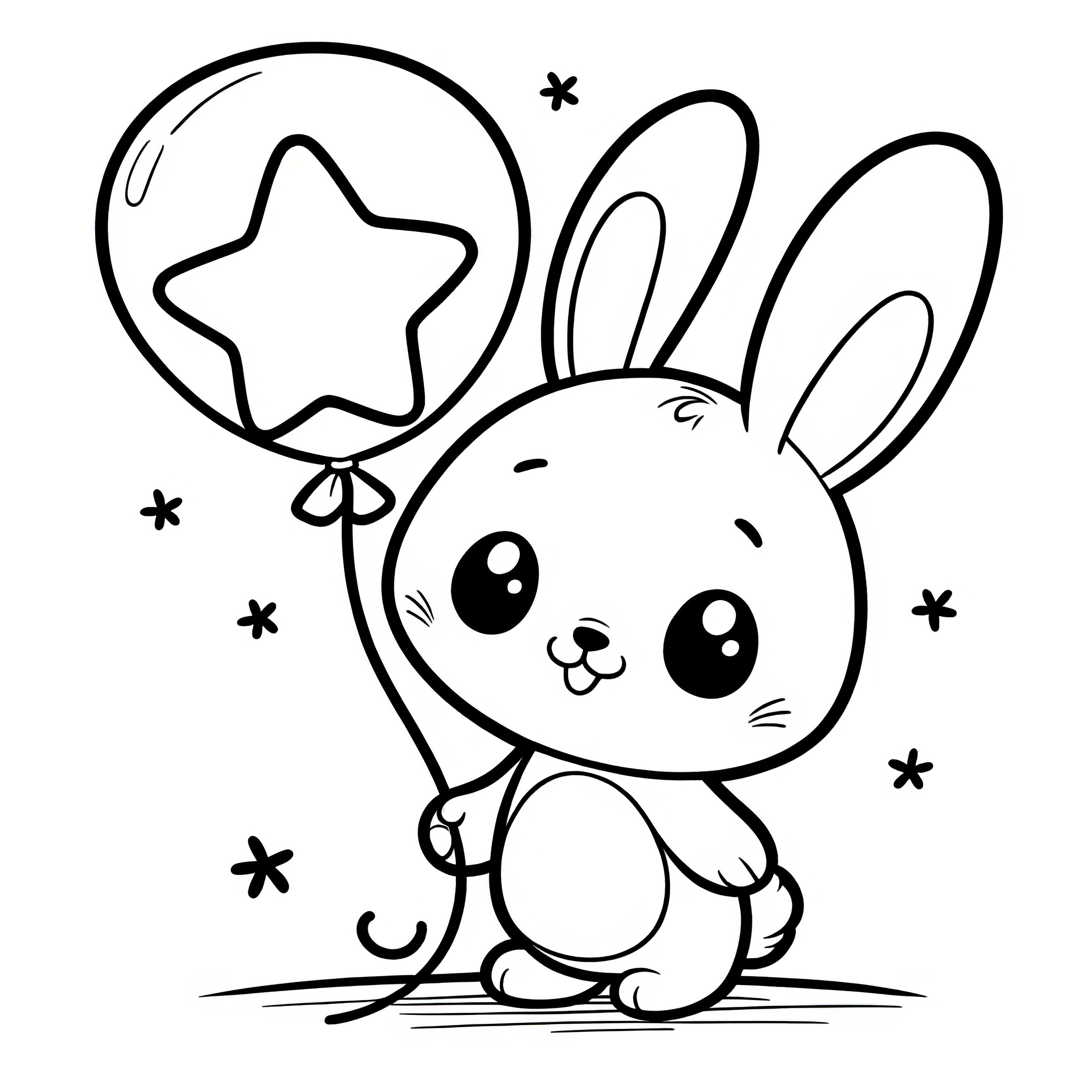 Lapin de Pâques avec un ballon en forme d'étoile : Modèle de coloriage facile pour les enfants (Gratuit)