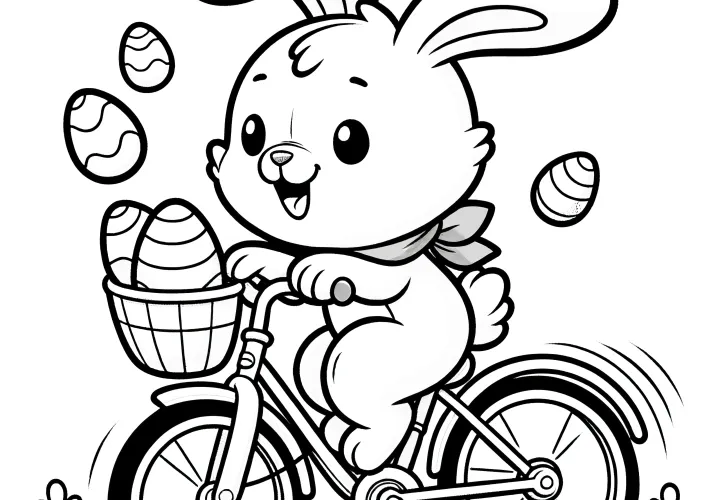 Le lapin de Pâques perd des œufs de Pâques en faisant du vélo : coloriage à télécharger (gratuit)