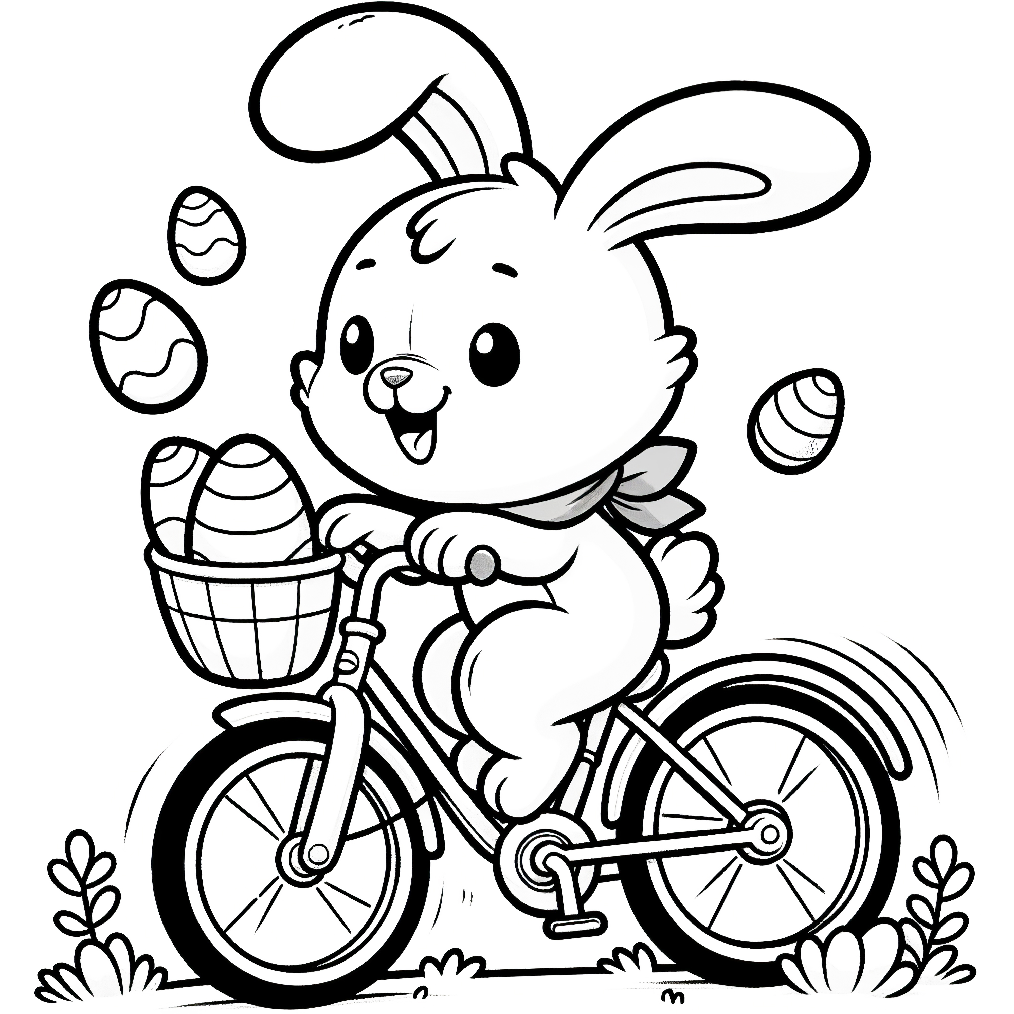 Le lapin de Pâques perd des œufs de Pâques en faisant du vélo: coloriage à télécharger (gratuit)