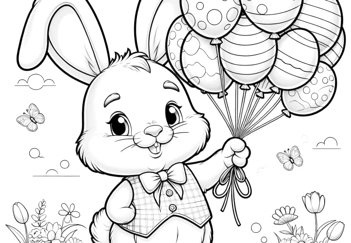 Easter Bunny with vest and balloons: Free coloring picture for children