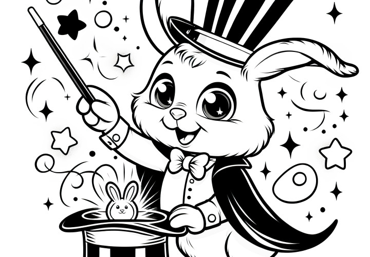 Un lapin de Pâques joyeux fait apparaître des lapins de son chapeau : Téléchargez la page à colorier (gratuit)