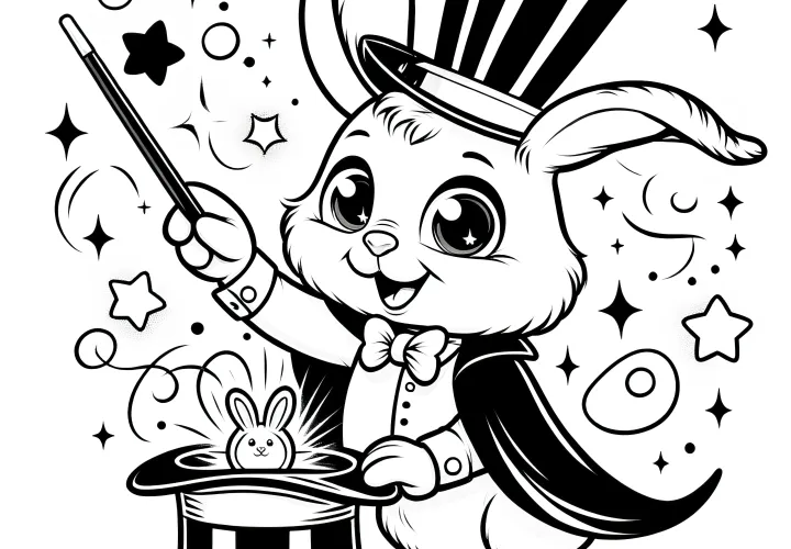 Cheerful Easter bunny conjures rabbits from hat: Download coloring template (Free)