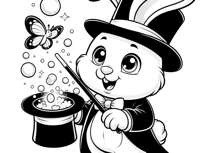 Easter bunny magically pulls a butterfly out of a hat: coloring picture for download (free)