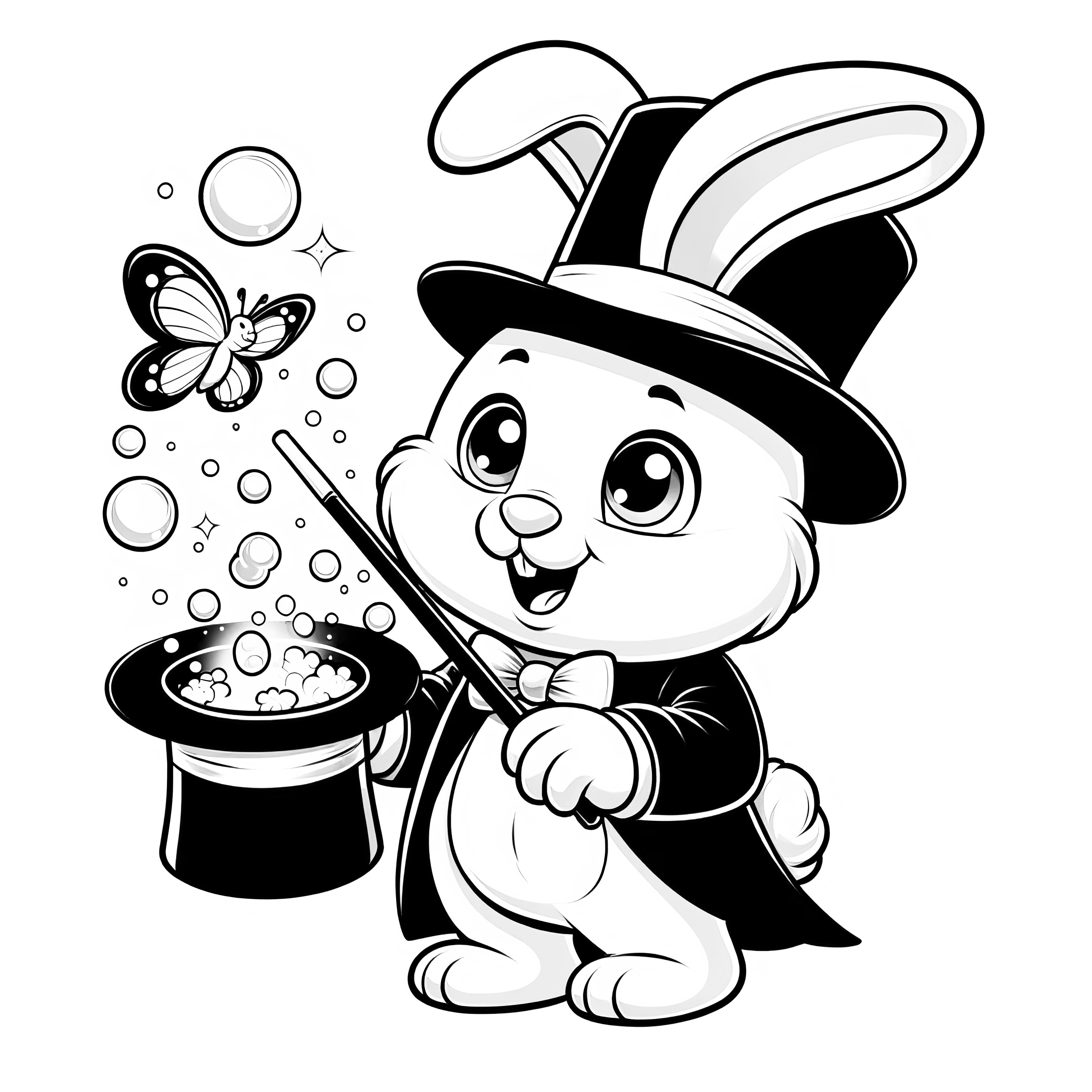 Le lapin de Pâques sort un papillon de son chapeau : Coloriage à télécharger (gratuit)