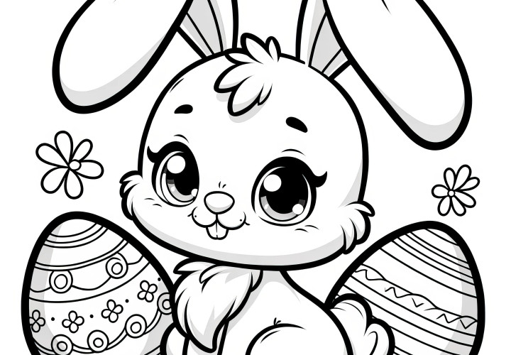 Petit lapin de Pâques mignon avec deux œufs de Pâques : Modèle de coloriage simple (Gratuit)