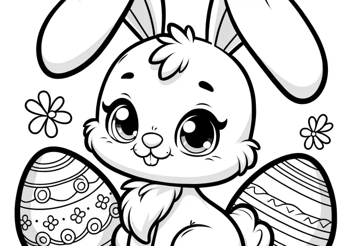 Petit lapin de Pâques mignon avec deux œufs de Pâques : Modèle de coloriage simple (Gratuit)