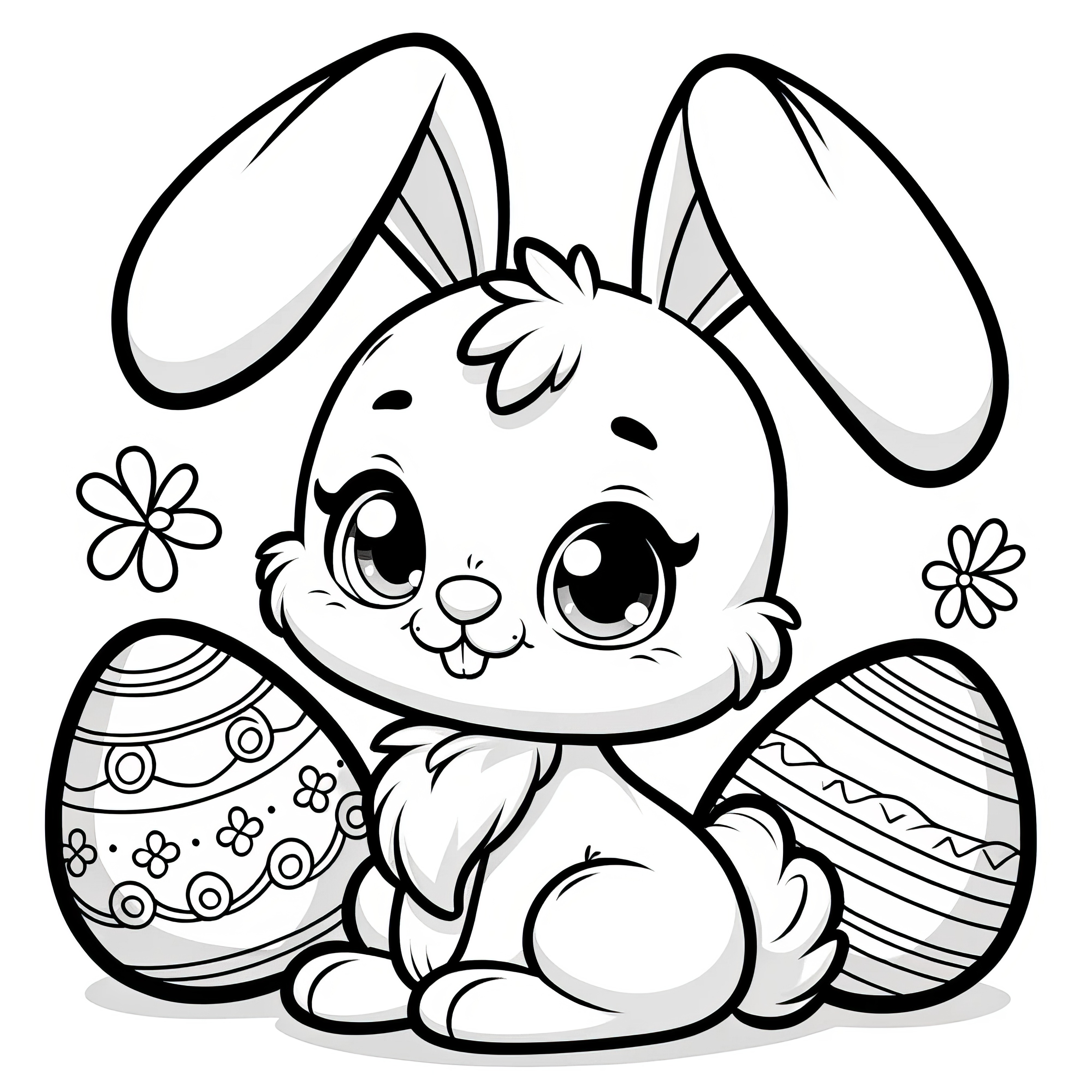 Petit lapin de Pâques mignon avec deux œufs de Pâques: Modèle de coloriage simple (Gratuit)