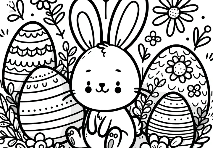 Little Easter bunny among Easter eggs on a flower meadow: Cute picture to color (free)