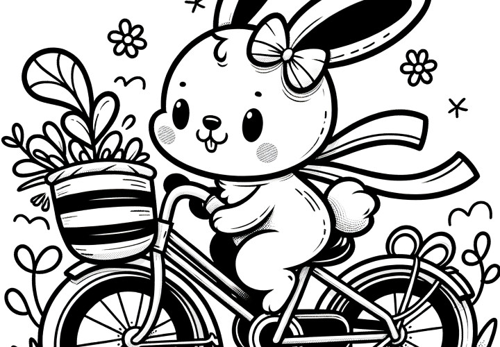 Fille lapin de Pâques mignon sur vélo : Ton modèle de coloriage à télécharger (gratuit)